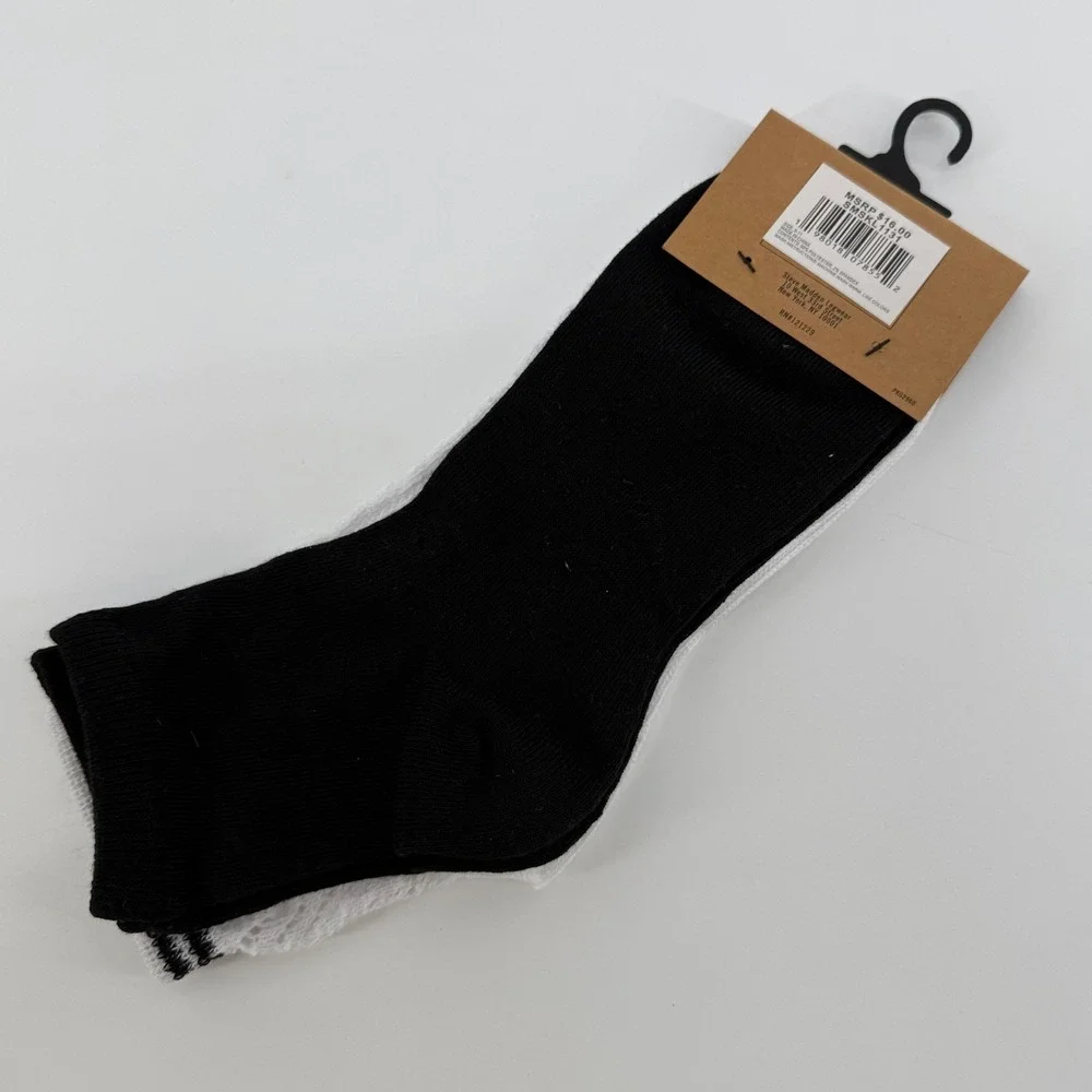 Steve Madden Womens 2 Pack‎ Anklet Socks White Pointelle Striped Black NWT